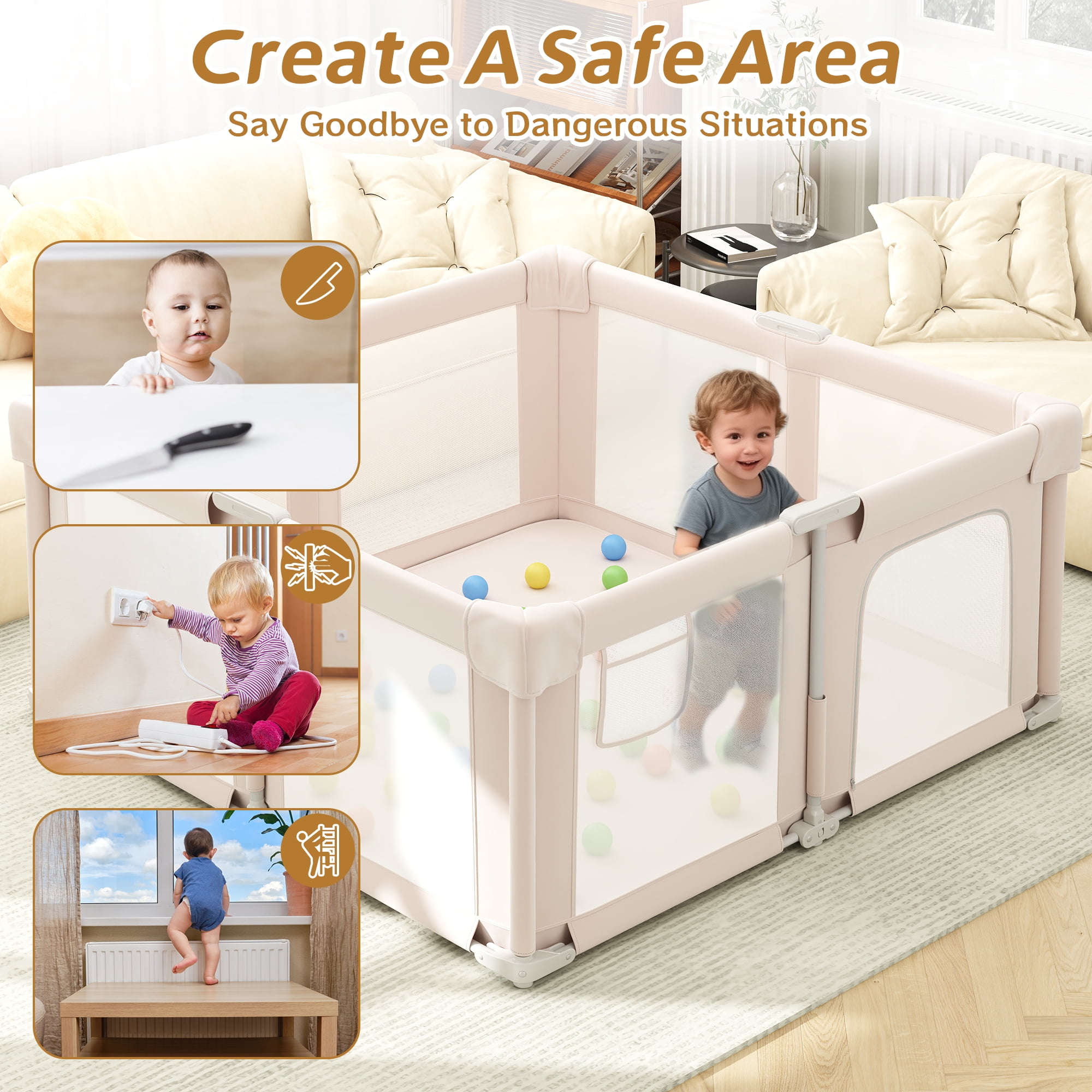 IDEALSOUL Square Baby Playpen, 51”W Baby Playards with Storage Bag, Foldable Child Play Yard with Breathable Mesh for Indoor&Outdoor, Pink