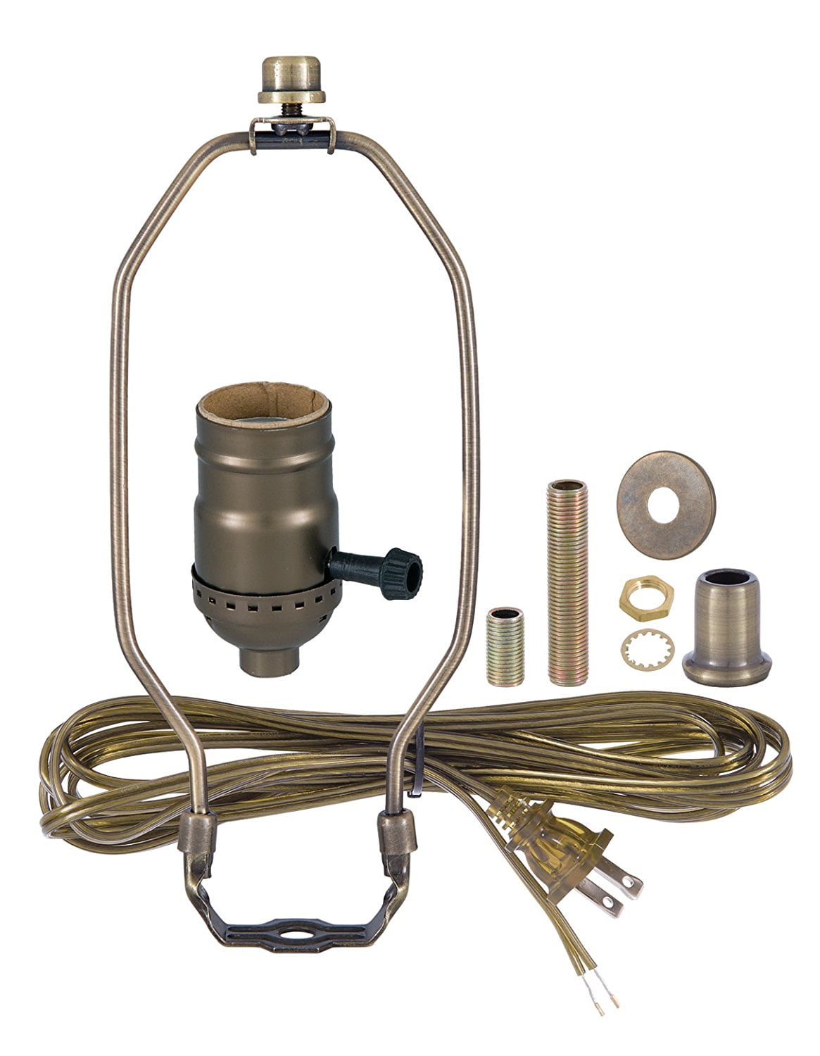 ~ 8' Cord ~ 11" Harp Table Lamp Wiring Kit ~ ANTIQUE BRASS ~ 3 WAY Light Socket 
