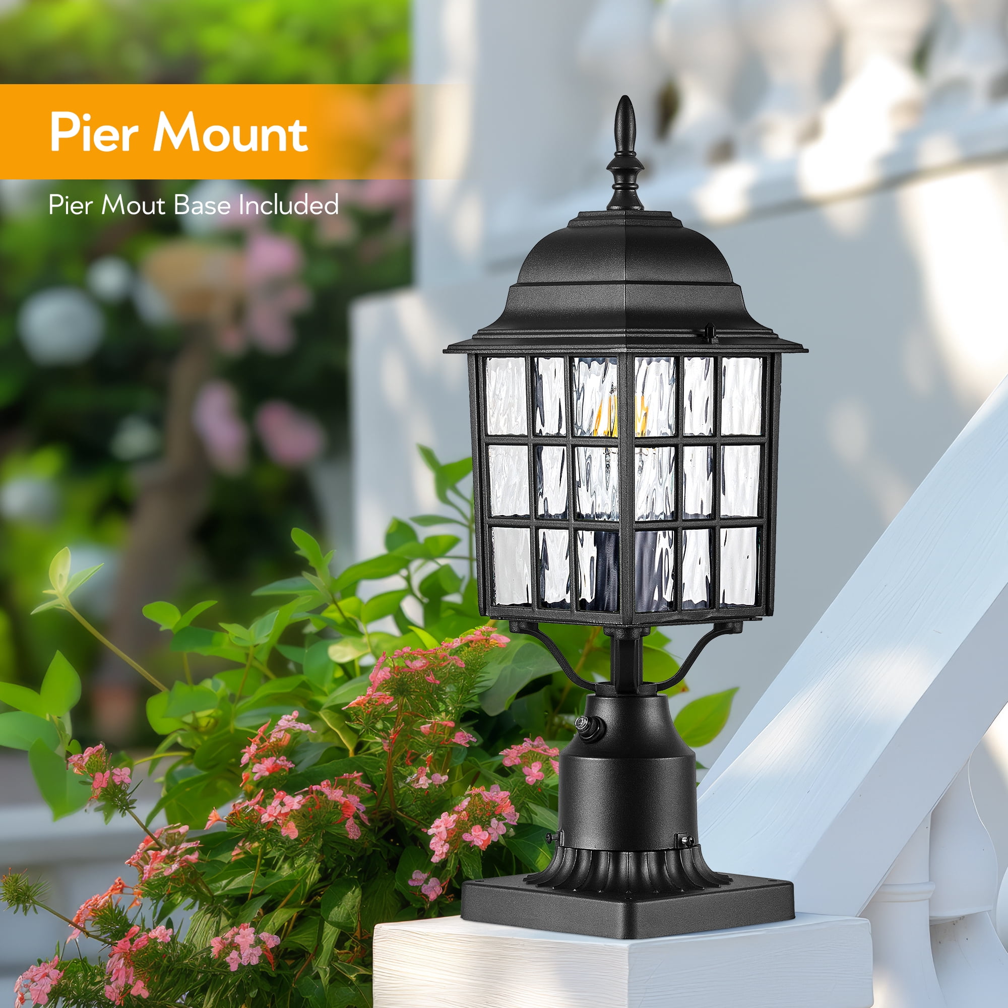VIANIS Lamp Post Light Fixture with Mount Base, Modern Black Exterior Post Lantern Fixture with Tempered Glass, Anti-Rust Aluminum Light Posts for Outside for Driveway, Backyard Patio Garden, E26