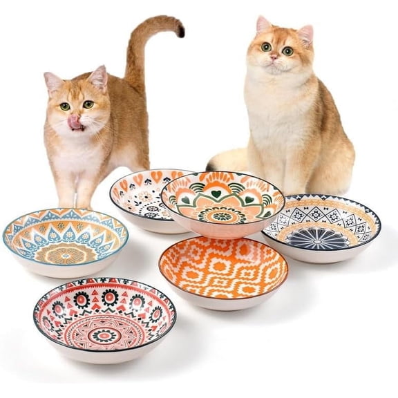 Ceramic Cat Bowls for Indoor Cats, Whisker Friendly 5.5 inch Shallow Plates, Set of 6 Cute Pet Feeding Dishes for Wet Dry Food and Water