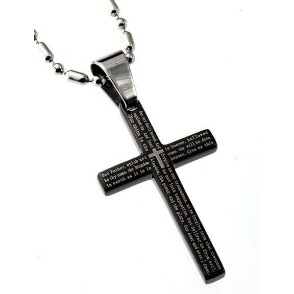 R.H. Jewelry Stainless Steel Small Black Cross Pendants 1.25 inches Length the Lord's Prayer 1662 Anglican Version Necklace