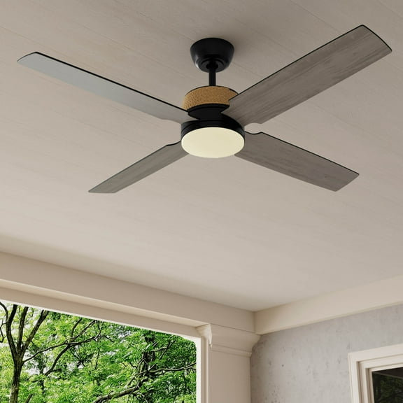 Shaffer II Collection 56 in. Four-Blade Matte Black Modern Organic Ceiling Fan with Integrated LED Lamped Light and Natural Jute Accents