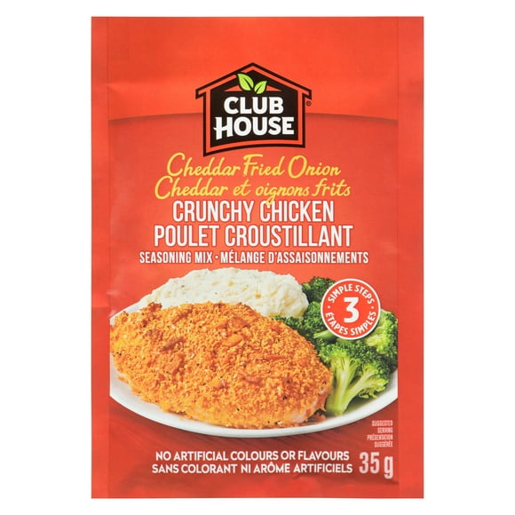 CHEDDAR FRIED ONION CRUNCHY CHICKEN SEASONING MIX, Club House Cheddar Fried Onion Crunchy Chicken Seasoning Mix tempts even picky eaters with its crunch and cheesy, oniony flavour. Just 5 minutes prep and 3 simple steps needed to get a tasty chicken dinner to the table.