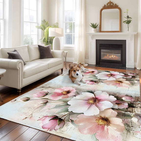 6'x9' Area Rugs, Pink Spring Floral Indoor Outdoor Area Rug for Living Room Bedroom, Vintage Botanical Retro Flowers Washable Bathroom Rugs Kitchen Floor Carpet Mats Home Decor Aesthetic