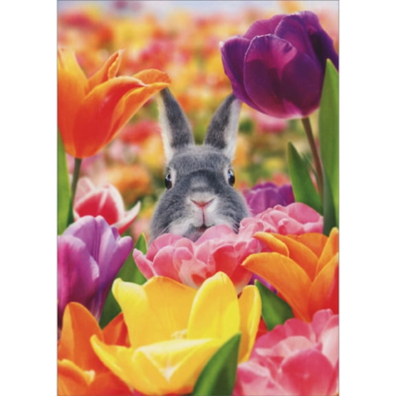 Avanti Press Gray Bunny Peeking Behind Brightly Colored Flowers Easter Card
