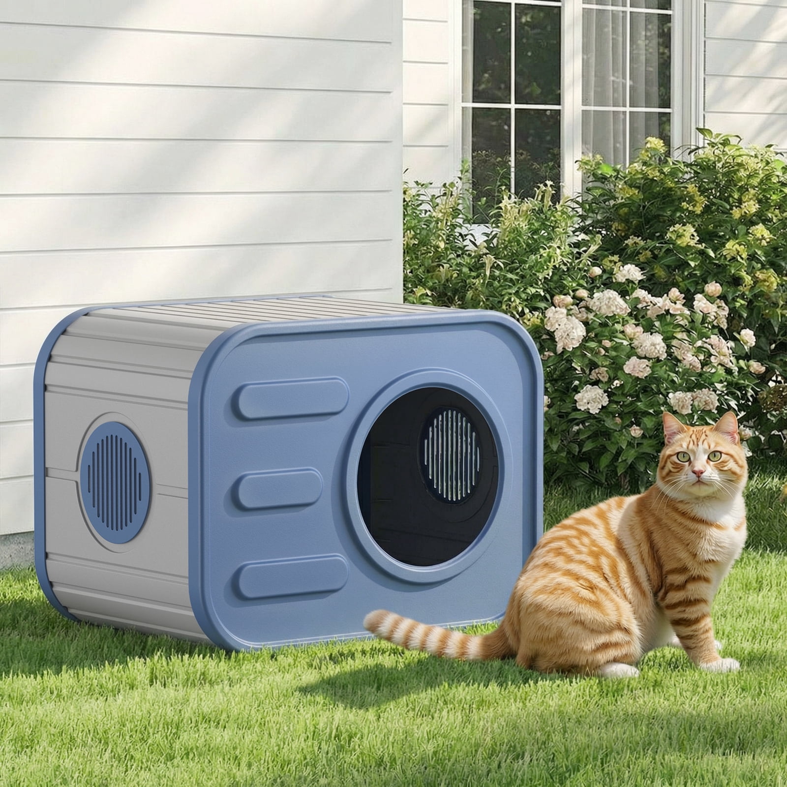 Dovov Cat House, Weatherproof Cat Shelter Camera-Shaped Cat Cage for Indoor & Outdoor Cats, Dual Ventilation Windows Cattery, Blue Gray