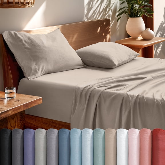 Bare Home Washed Sheet Set - Premium 1800 Collection - Deep Pocket - 4 Piece - Queen, Pebble Beach