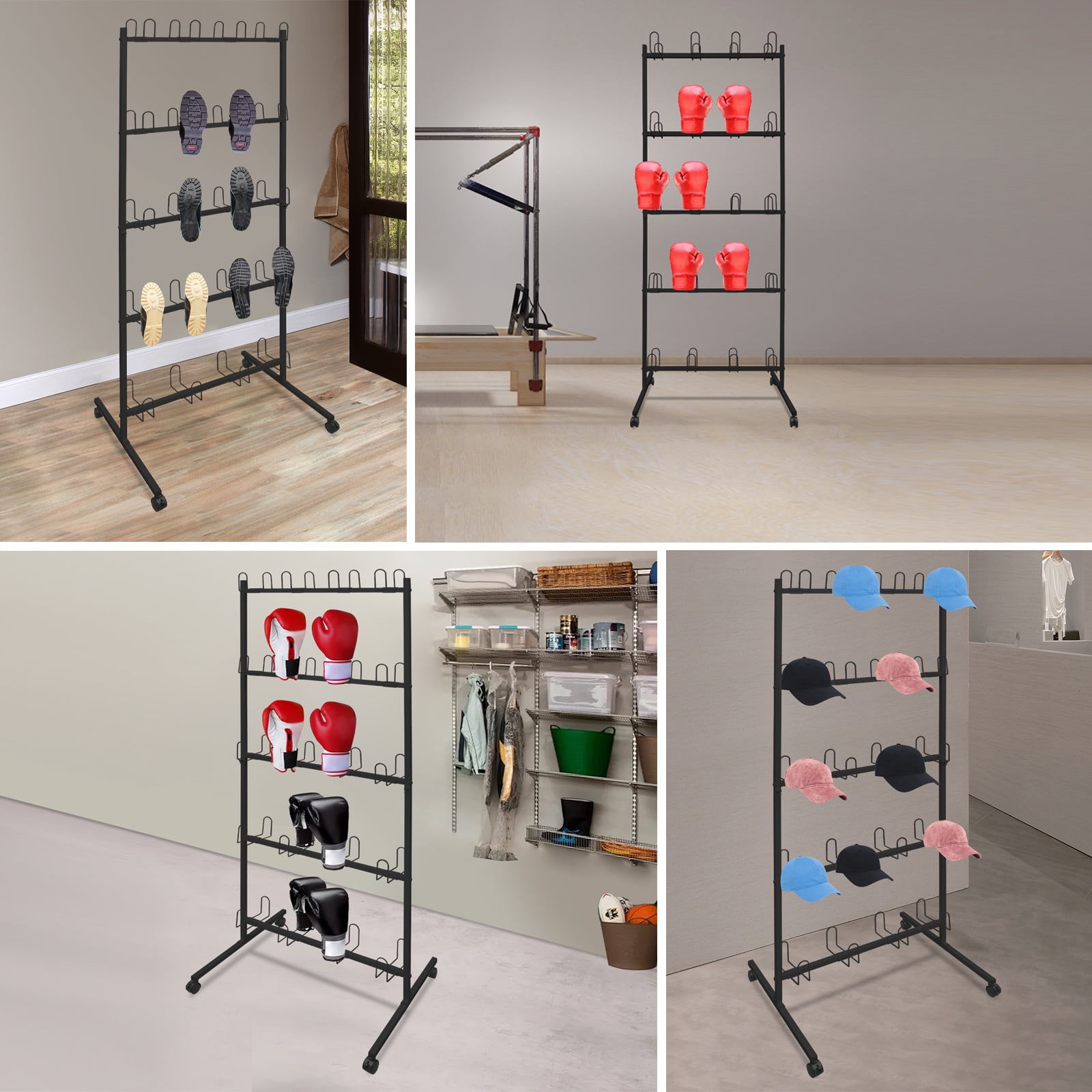 5-Tier Black Boxing Gloves Drying Rack Boxing Glove Storage Stand W/ Universal Wheels for Boxing Gyms, Homes