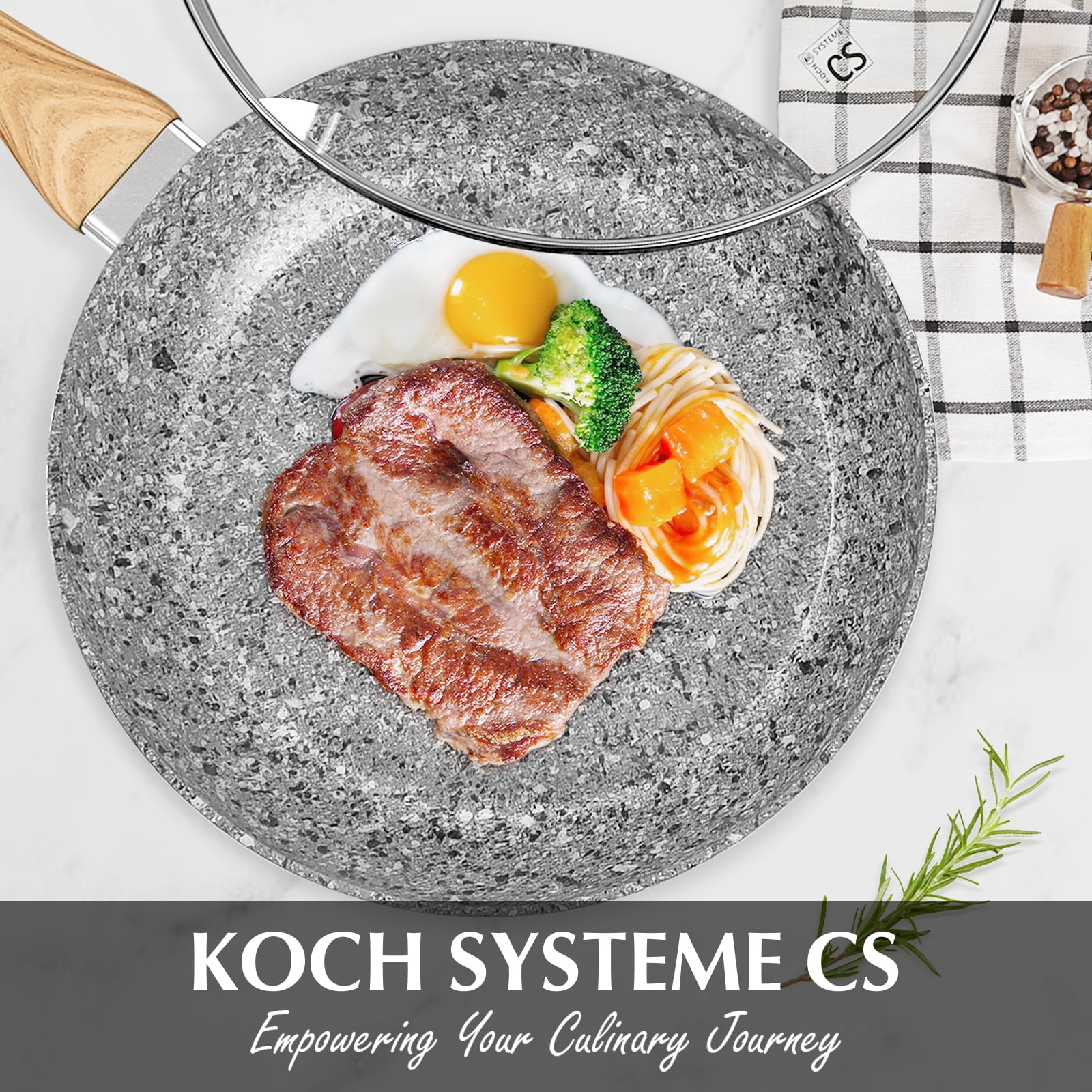 Koch Systeme CS 12" Grey Non-stick Granite Stone Frying Pan with Lid, Oven Safe & All Stovetop Compatible