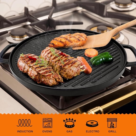 Reversible Cast Iron Griddle, 14 Inch Double-Sided Griddle Pan for Stove Tops, Gas Grills and Outdoor Cooking