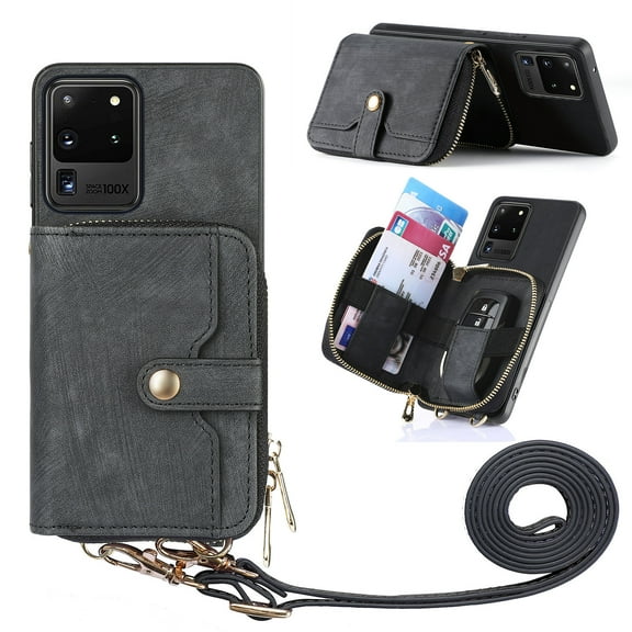 for Samsung Galaxy S20 Ultra Wallet Case, Crossbody Phone Purse with Card Holder for Women, Zipper PU Leather Carrying Cover Gift with Shoulder Strap Kickstand Anti-drop for S20 Ultra - Black