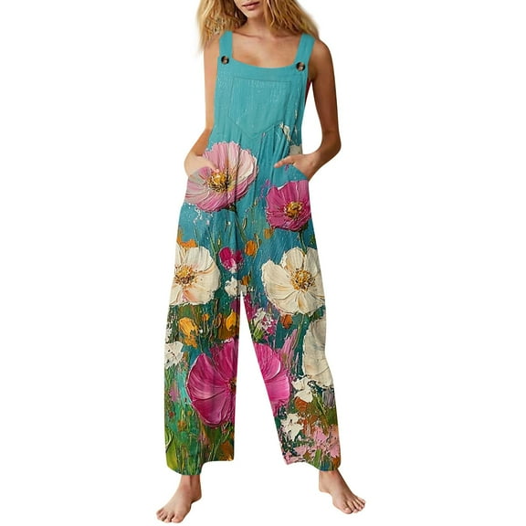 Women's Floral Print Romper - Adjustable Straps Sleeveless Cotton Overalls with Pockets for Summer ,Cyan,L