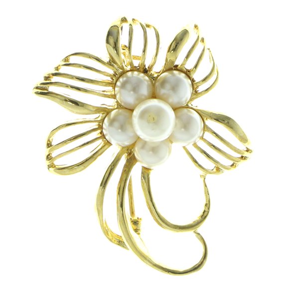 Flower Brooch-Pin Gold-Tone Metal With White Bead Accents LQP767