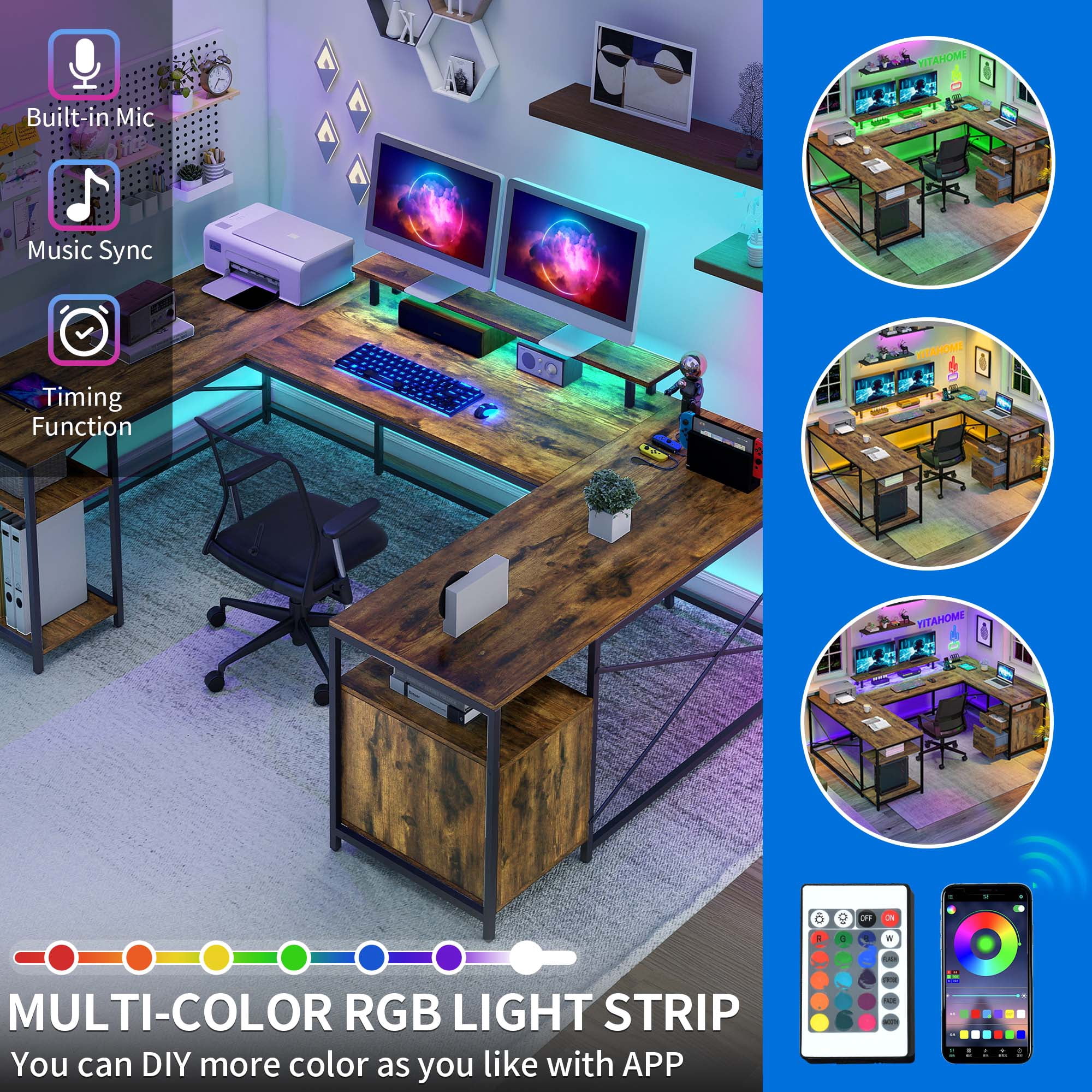 Dextrus L Shaped Desk with Power Outlets & LED Lights, Reversible Computer Desk with Drawers, ,Brown