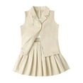 thumbnail image 2 of LFEOOST Toddler Girl Skirt Set with Jacket Sleeveless Blazer Vest Solid Crop Top Kids Pleated Skirt Outfit Summer Clothes (Beige, 4Y), 2 of 7