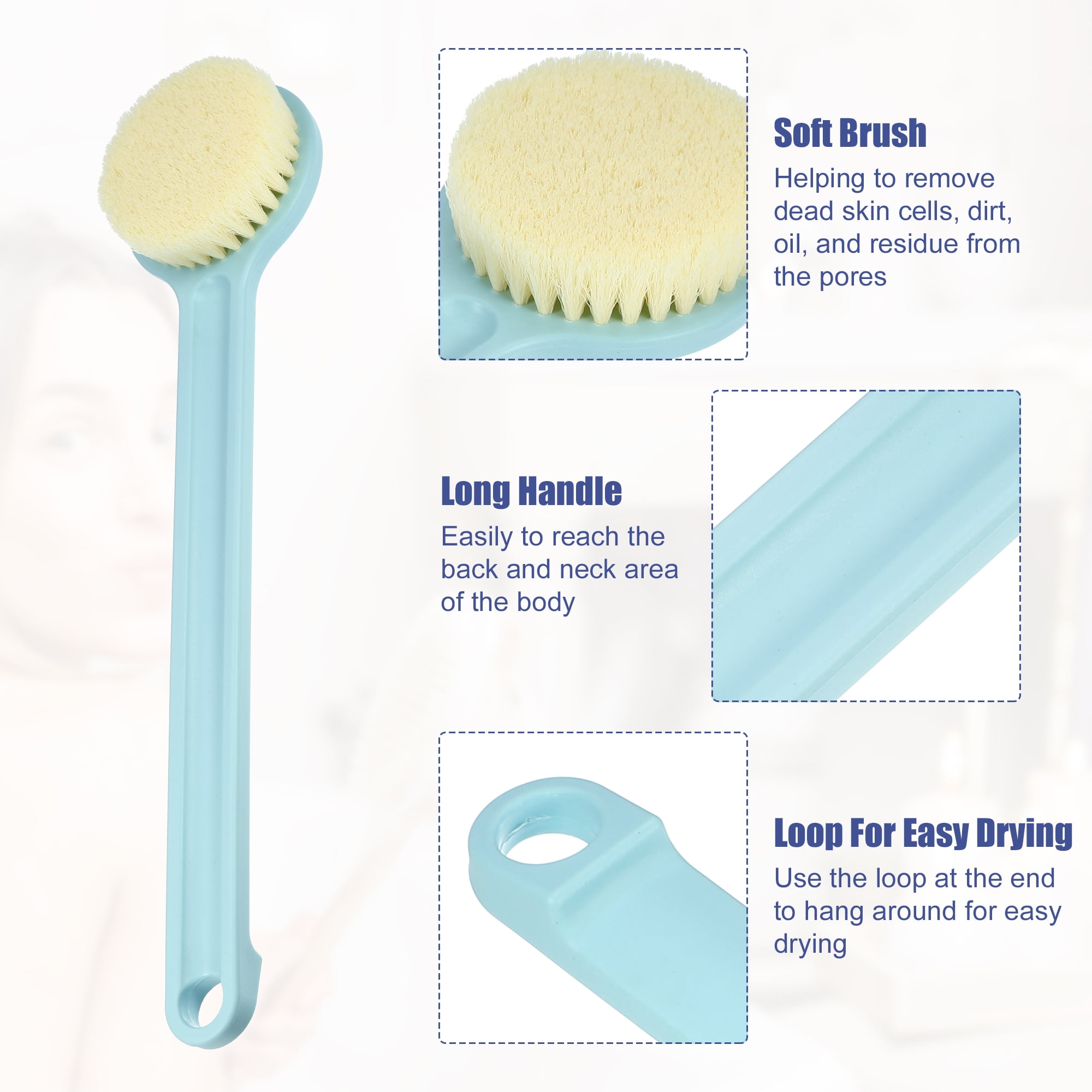 Unique Bargains Long Handle Back Scrubber Bath Brush for Shower 13.98"x3.15"x1.18" Blue