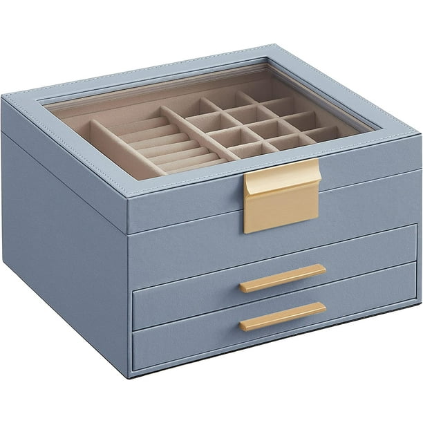 SONGMICS Caja de Joyas, Caja Joyero de 3 Niveles, Estuche de Joyería, con 2 Cajones, Tapa de Cristal, Amplio Espacio, Azul Ahumado y Dorado