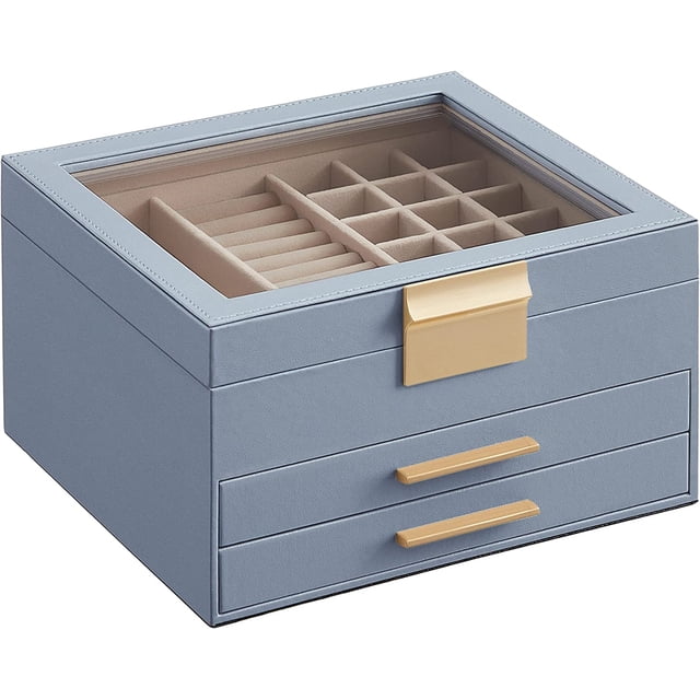 SONGMICS Caja de Joyas, Caja Joyero de 3 Niveles, Estuche de Joyería, con 2 Cajones, Tapa de Cristal, Amplio Espacio, Azul Ahumado y Dorado