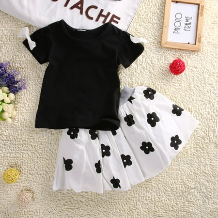

Puloru Girl 2 Piece Outfit Short Sleeve Shirt Tops + Flower Print Skirts Set