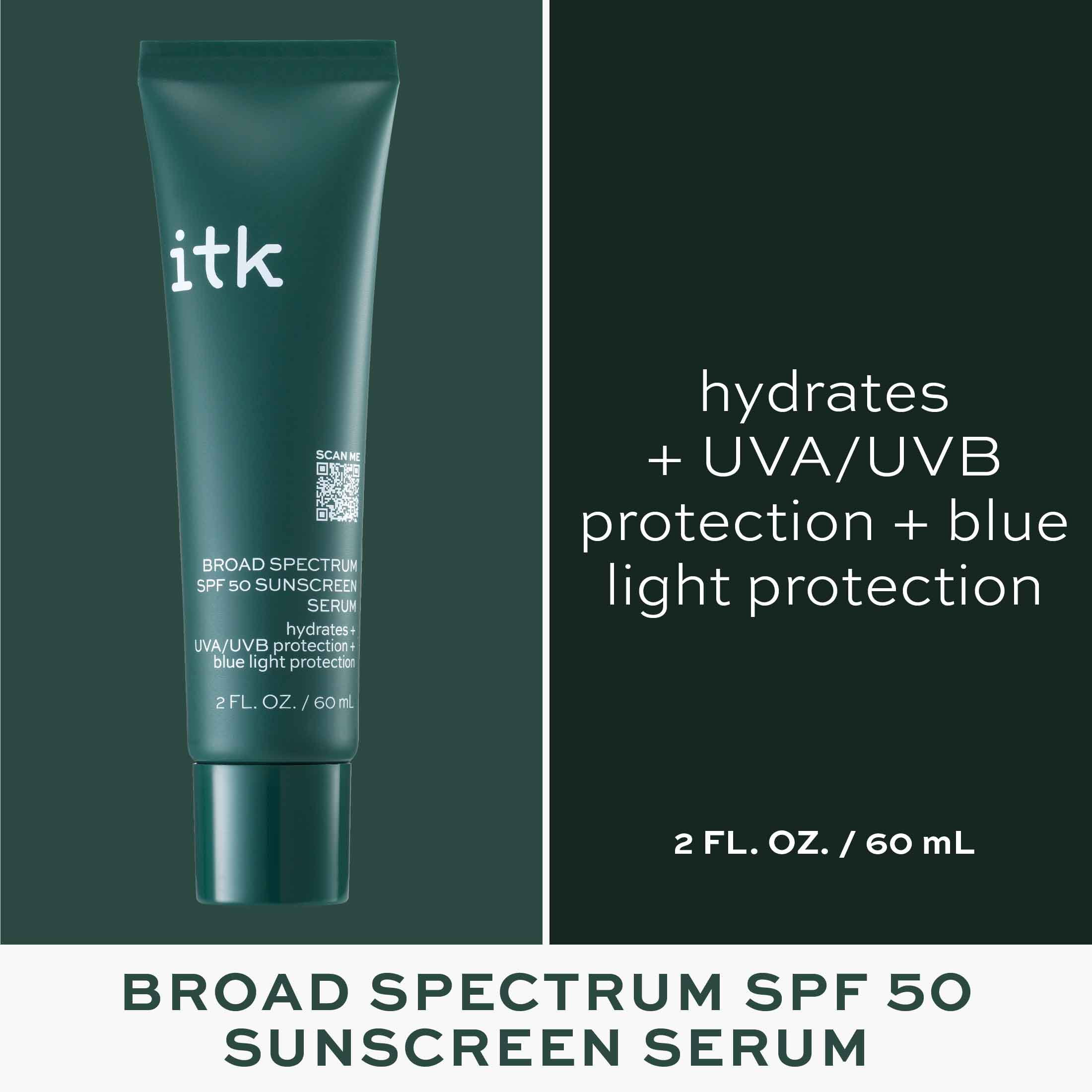 ITK Skincare Sunscreen SPF 50 Moisturizing Serum with Vitamin E & Zinc Oxide for All Skin Types, 2 oz