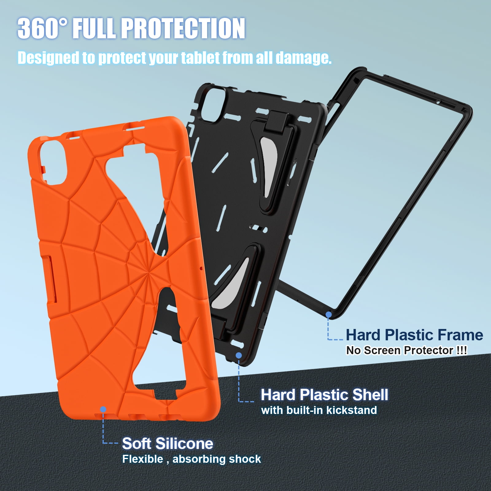Allytechgroup iPad Pro 11 2024 Case, Cute Stylish Design Kids Friendly Rugged Kickstand Lightweight Silicone PC Case with Pencil Holder for Apple iPad Pro 11 Inch 2024, Orange+Black