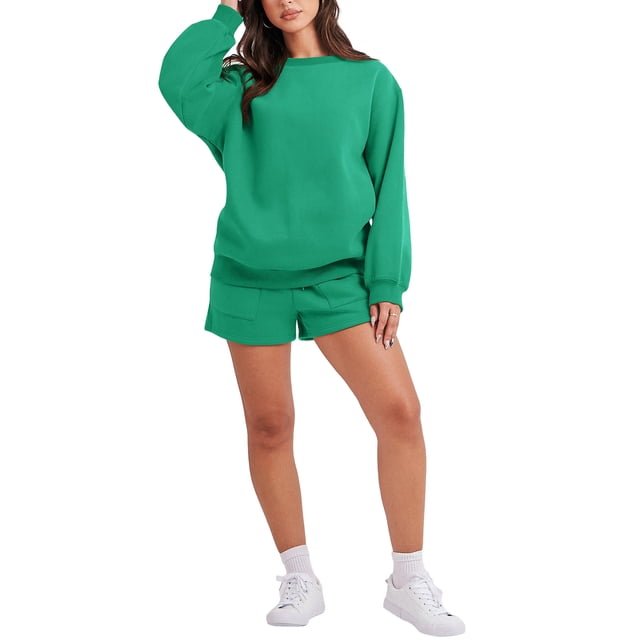 Sunloudy Women Spring Fall Workout Outfits Solid Color Pullover Sweatshirt and Running Shorts with Pockets Activewear Set Tracksuits