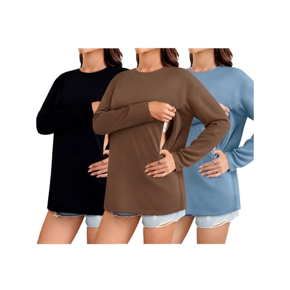 Yawrut 3Pack Women's Long Sleeved Nursing Top, Soft Maternity Shirt With Hidden Zipper