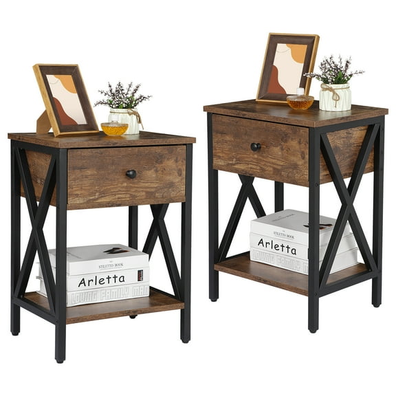HomGarden Set of 2 Narrow End Table Industrial Sofa Side Table W/ Drawer, Retro Brown Finish