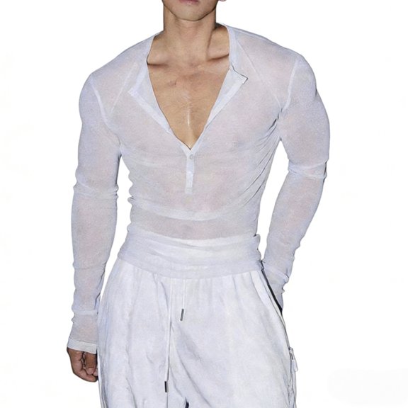 IWRICH Men's Henley Neck T-Shirts Deep V Neck Sheer Tees Slim Fit Muscle Tee Shirts Long Sleeve Stretch Clubwear Tops White XL