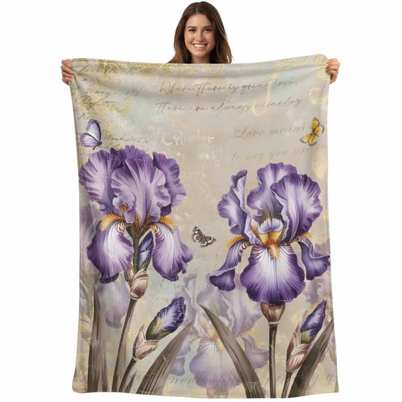 Purple Iris Blanket Soft Cozy Warm Throw Blanket for Couch, Plush Fuzzy Flannel Fleece Blankets for Sofa, Spring Vintage Flowers Butterfly Leaves Khaki Bed Blankets Lightweight Gifts for Men, 50"x60"