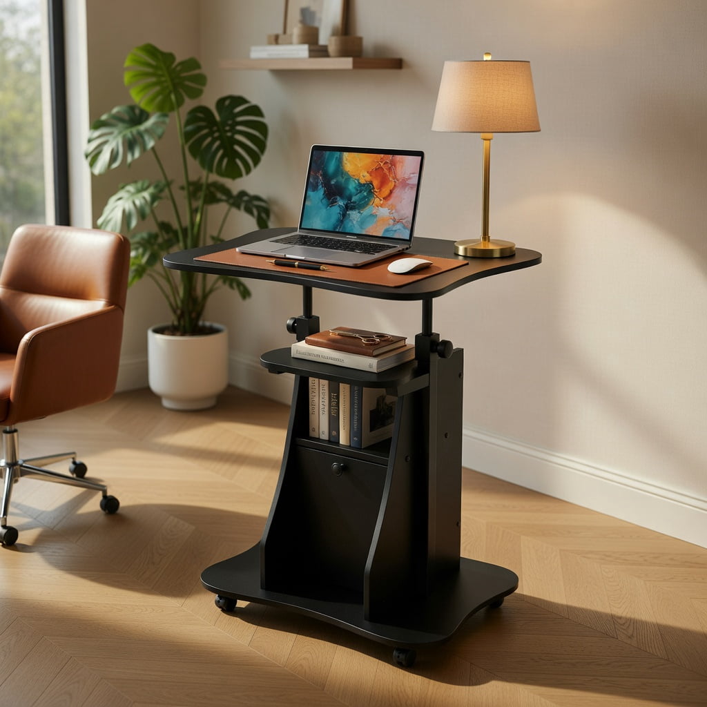 Topcobe Adjustable Mobile Standing Desk Cart with Tilt Desktop and Cabinet, Perfect Addition to Home, Office, Kitchen, Dining Room, Black