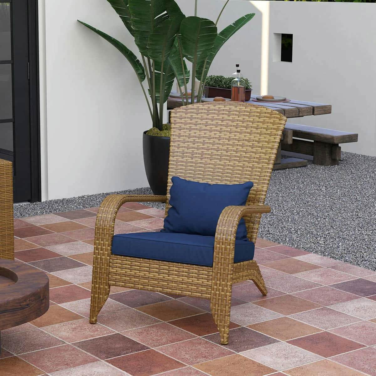 Spaco Patio Adirondack Chair with Rattan Wicker, Rattan Chair with Soft Cushions and Tall Curved Backrest for Outdoor, Dark Blue