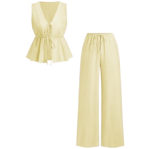 ATOGUTA Party Outfits for Girls Sleeveless Peplum Top and Wide Leg Pants Cute Summer 2 Pieces Short Sets Size 9-16, Yellow