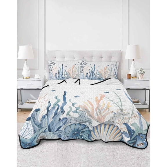 Quilts King Size, Summer Coastal Coral Soft Comforter Bedding Set for Bed, Blue Ocean Conch Shell Blue Lightweight Quilted Bedspread with Pillow Cover(2 Pieces) for All Season, 96x106 Inch