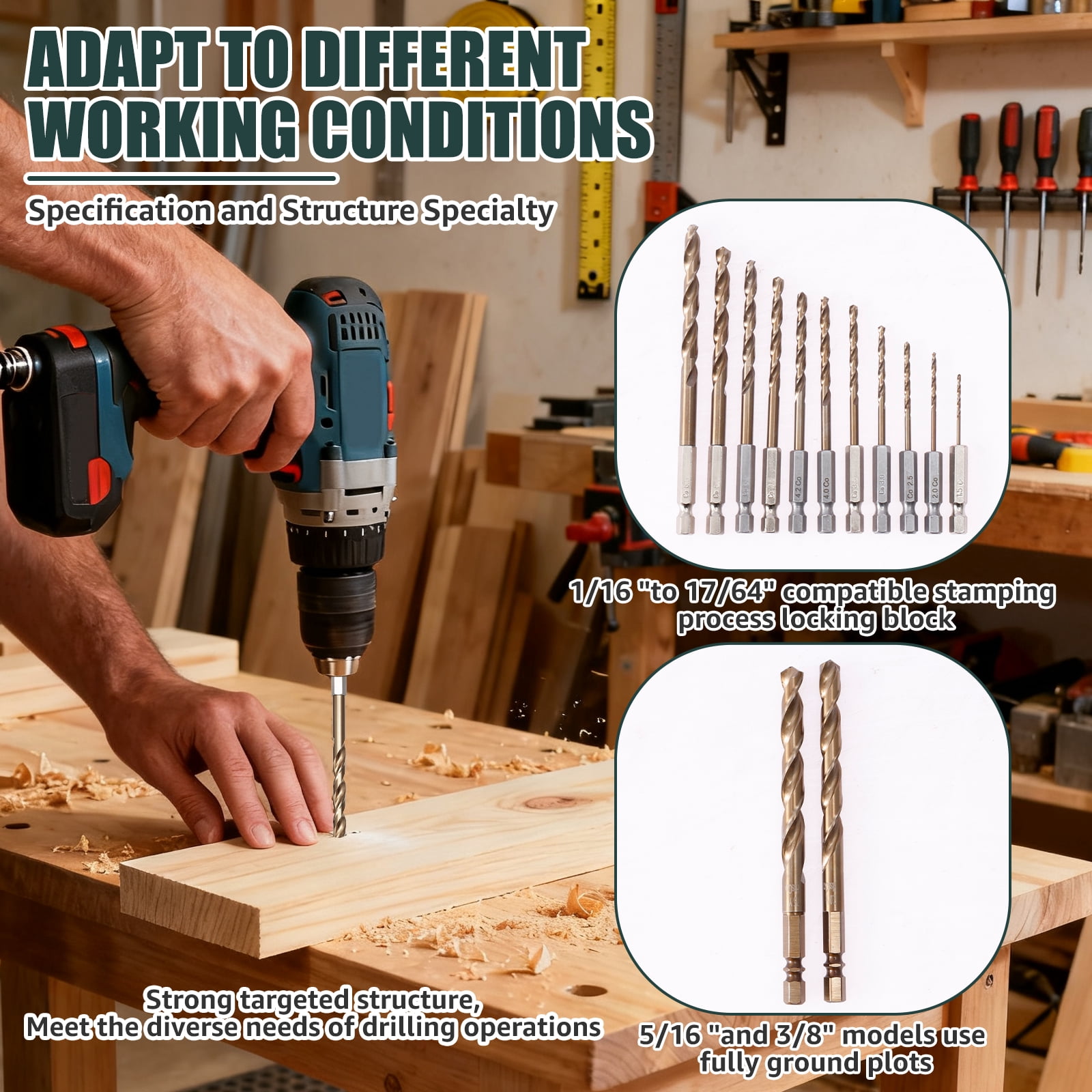 13PCS Titanium High Speed Steel Drill Bit Set, 1/4" Hex Shank Twist Drill Bits for Impact Driver, 1/16" to 1/4" Jobber Length Bit Set for Wood, Plastic, Aluminum, Copper and Stainless Steel