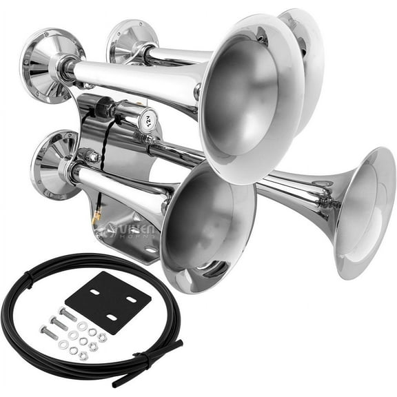 Vixen Horns Train Horn for Truck/Car. 4 Air Horn Chrome Plated Heavy Duty Trumpets. Super Loud dB. Fits 12v Vehicles like Semi/Pickup/Jeep/RV/SUV VXH4318
