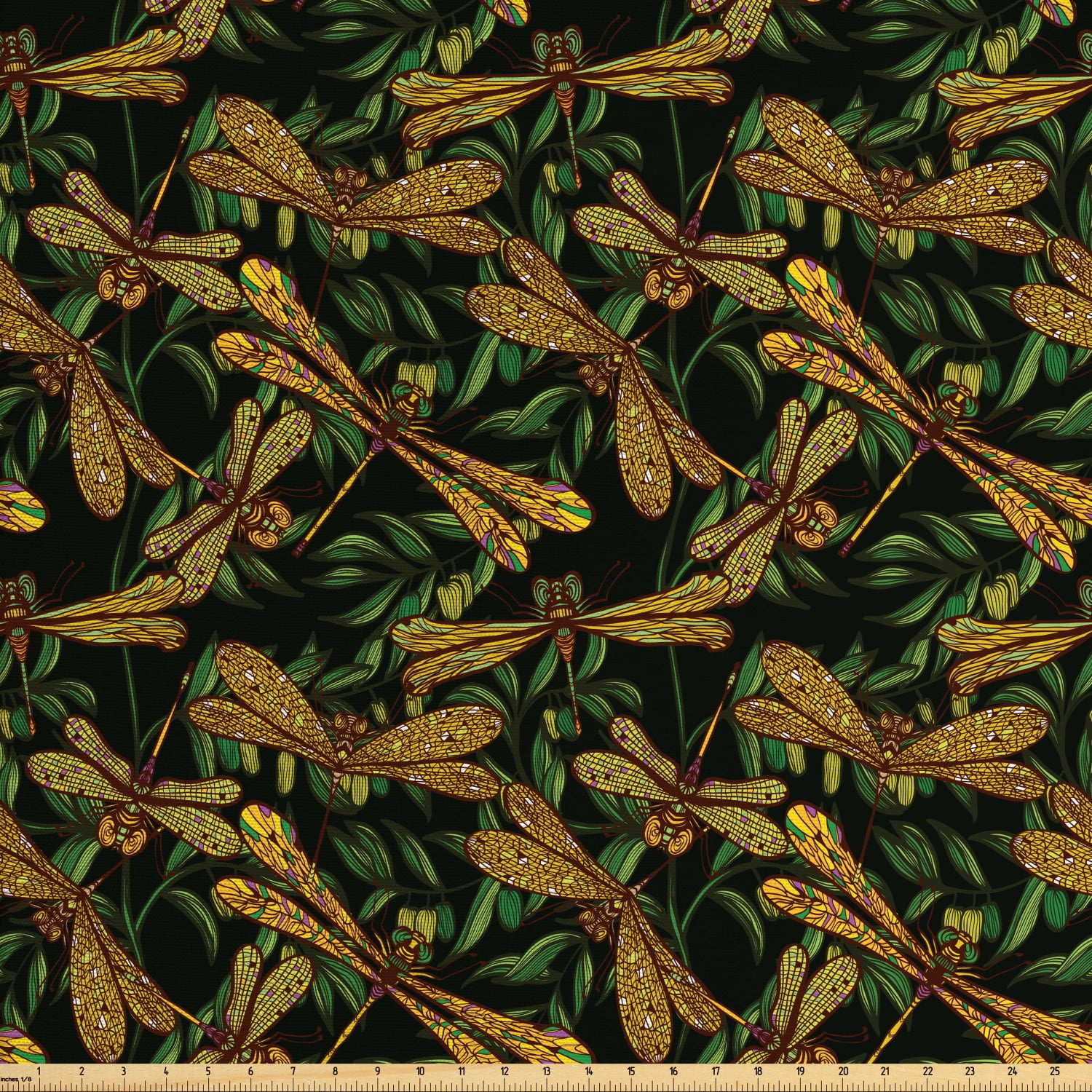 Dragonfly Fabric by The Yard, Pattern of Dragonflies and Green Olive