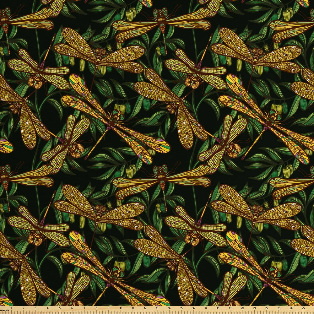 Dragonfly Fabric by The Yard, Pattern of Dragonflies and Green Olive