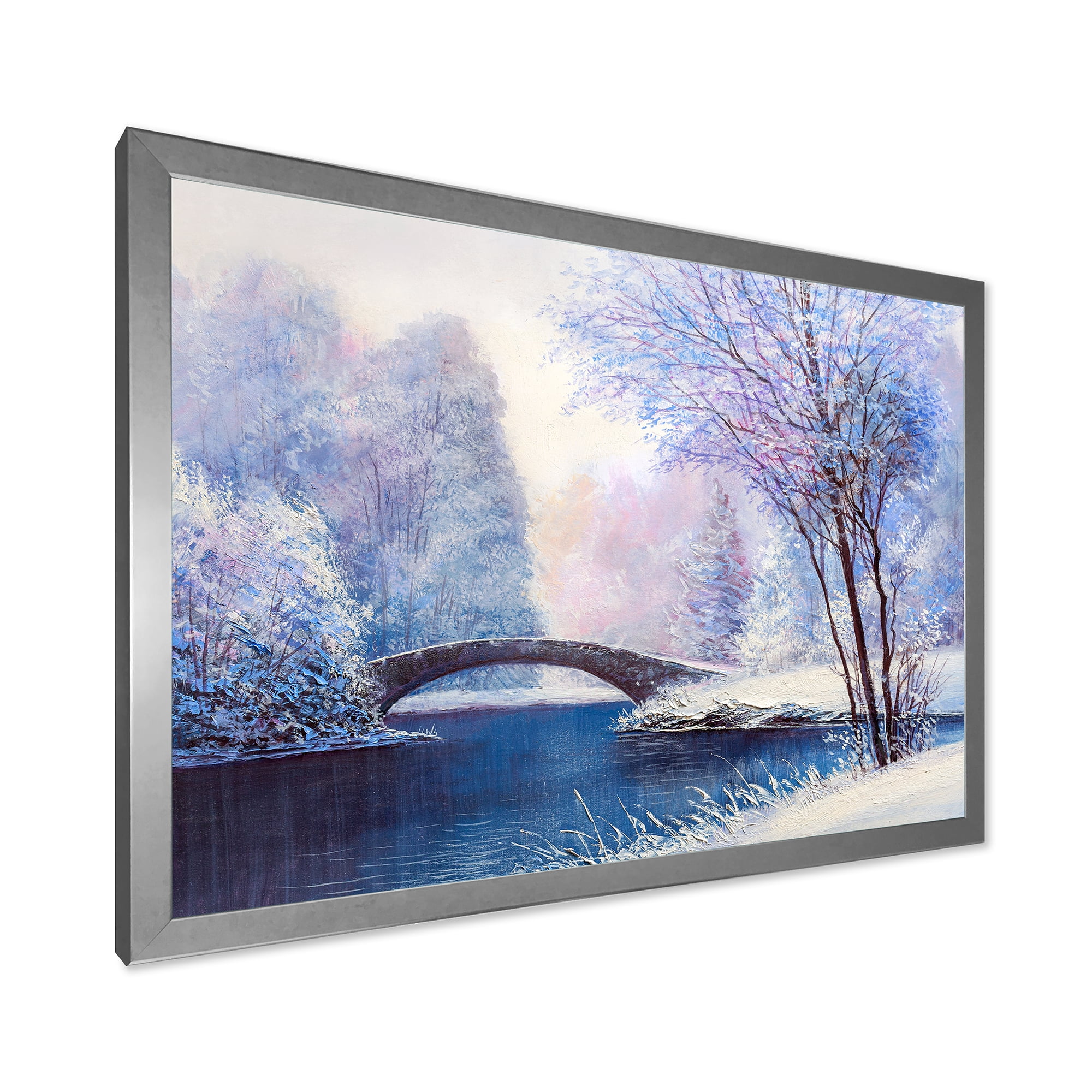 Bridge Of Meandering River With Winter Scenery III 20 in x 12 in Framed Painting Canvas Art Print, by Designart