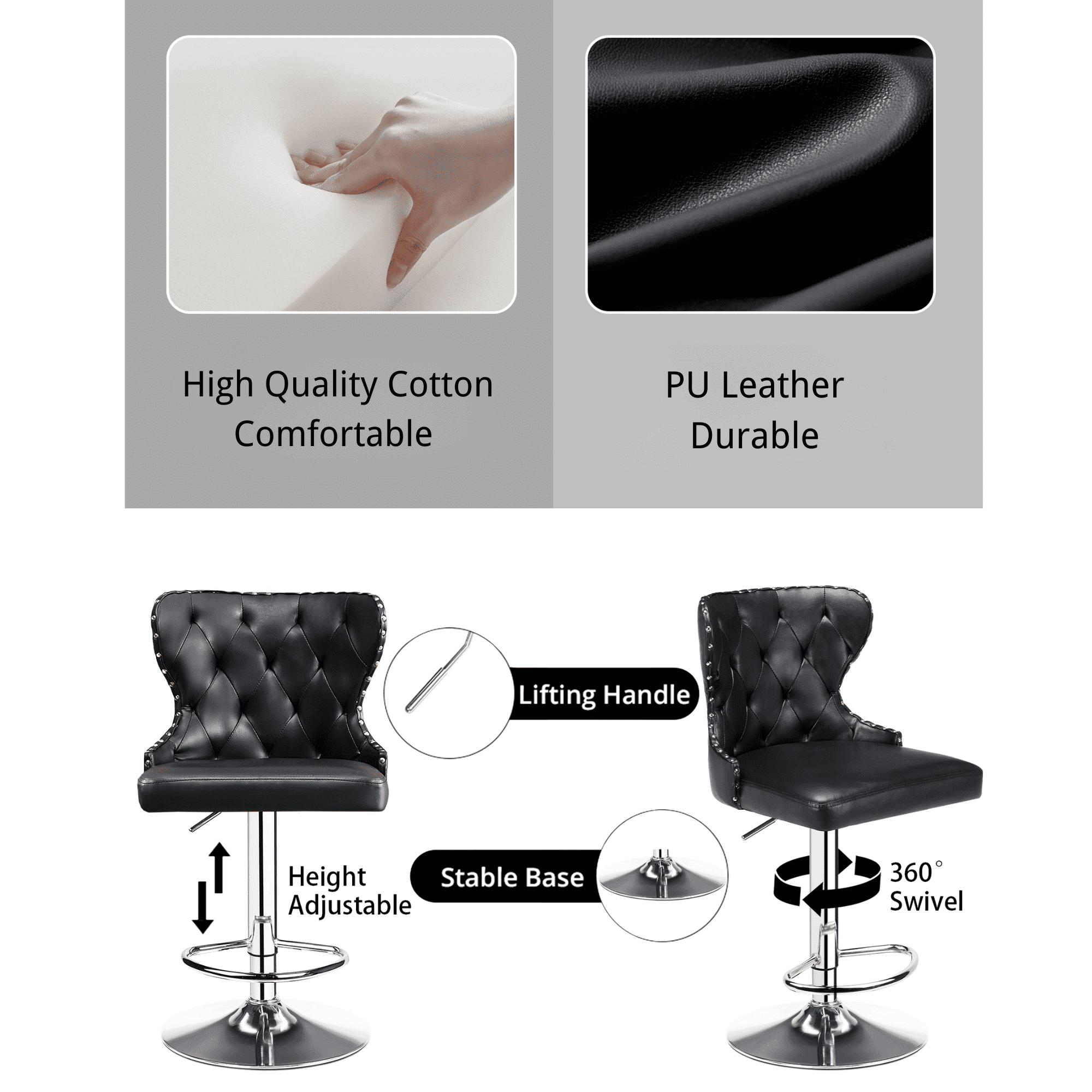 Set of 2 Adjustable Swivel Bar Stools,Faux Leather Upholstered Counter Height Chairs with Nailhead Trim, Silver Footrest, and High Back for Kitchen Island, Home Bar, Dining Room, Cafe,Black