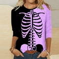 thumbnail image 2 of Virmaxy Femmes 2024 Décontracté à Blocs de Couleur Crâne Imprimé Squelette Col Rond Manches Longues Haut Col Rond/chemise Violet-2 S, 2 of 5