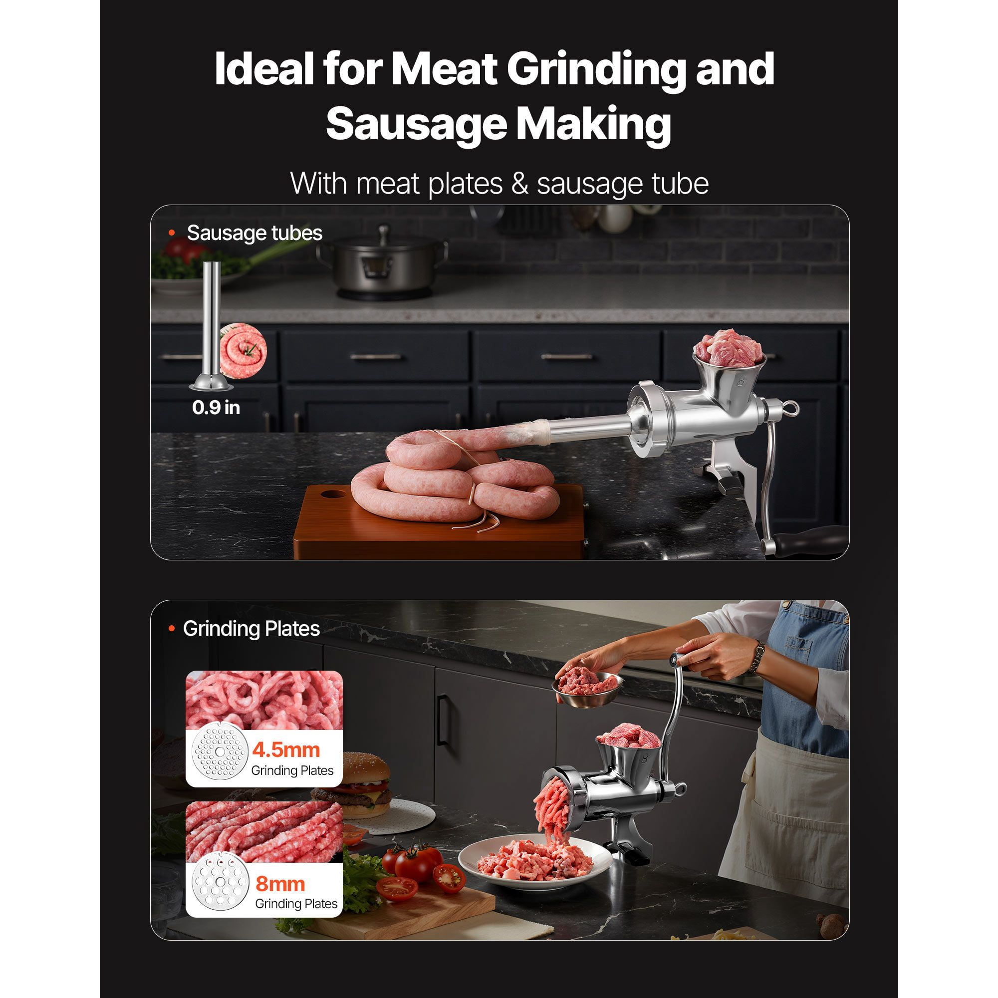 Manual Meat Grinder 304 Stainless Steel Table Clamp with Sausage Tubes for Kitchen Barbecue Camping