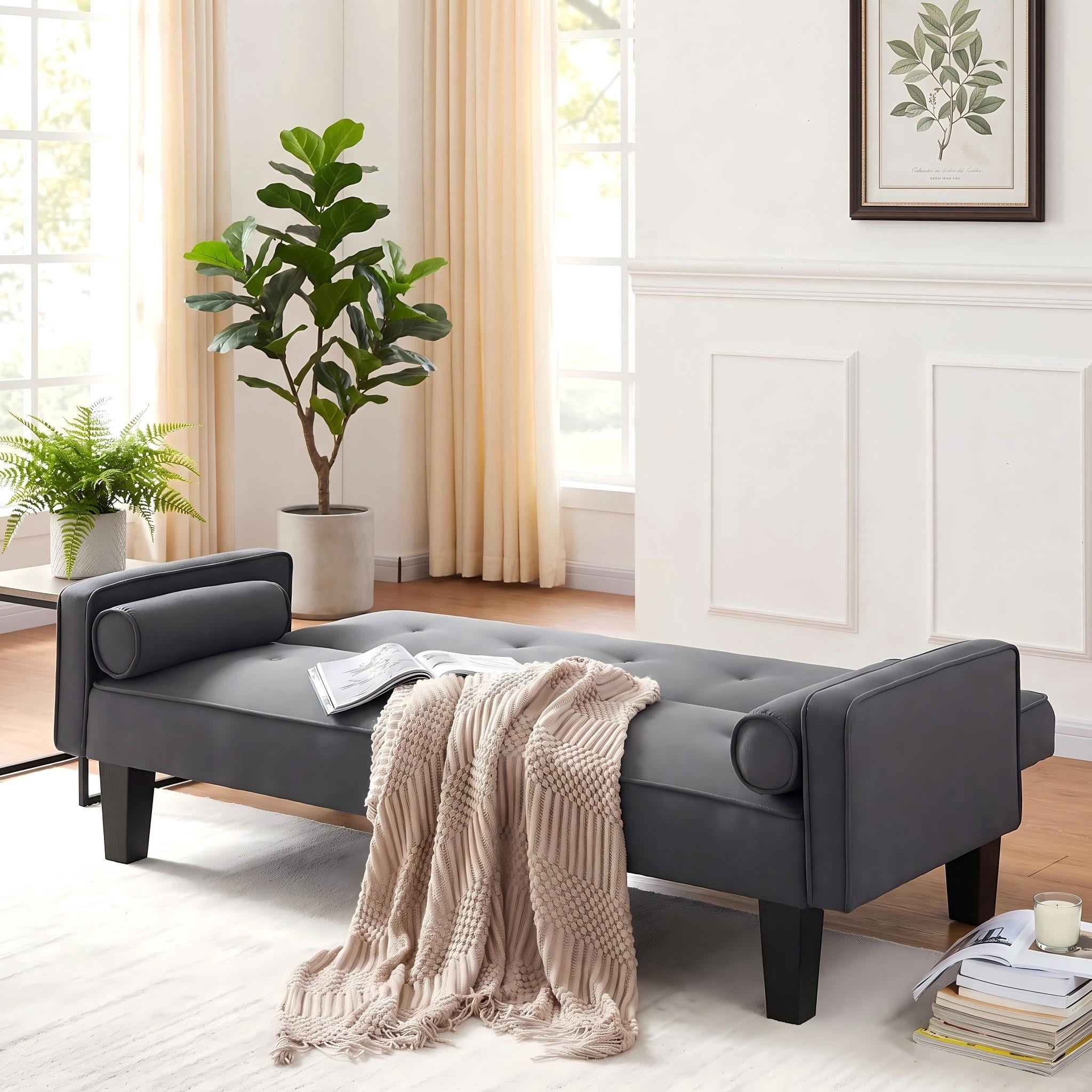 72" Futon Sofa Bed,Upholstered Folding Futon Sofa Couch,Modern Sofa Twin Size Futon Bed with Removable Armrests for Compact Living Space,Apartment,Gray