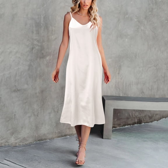 Xijirk Women's Satin V-Neck Slip Dress Spaghetti Strap Midi Length for Loungewear & Everyday Wear,M