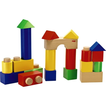 HABA Stack & Play - Colorful 18 Piece Wooden Fit Together Blocks with Pegs & Holes for Ages 1 and