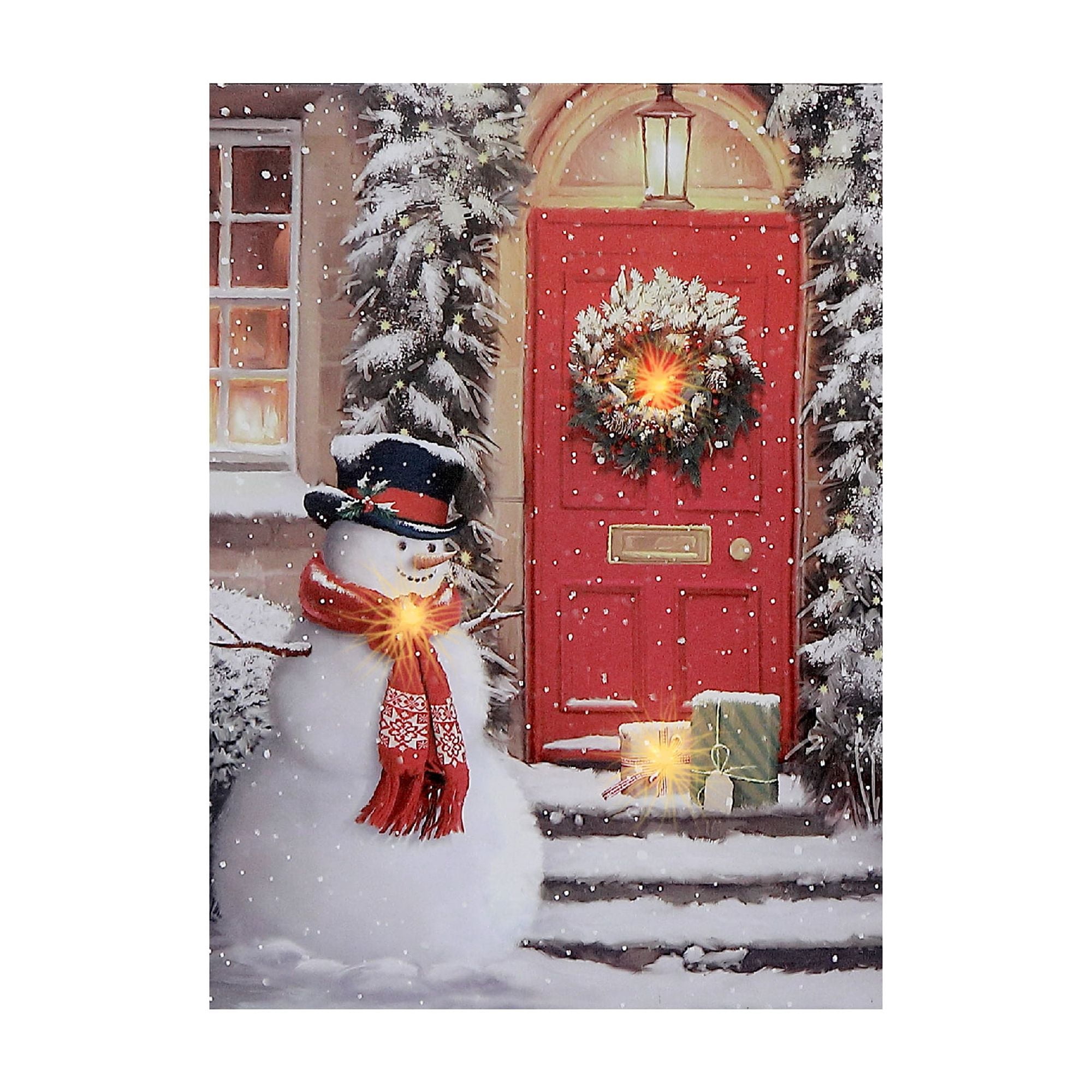 Décoration Murale Sur Toile À Led (Bonhomme De Neige, Écharpe Rouge Devant La Porte DEntrée)