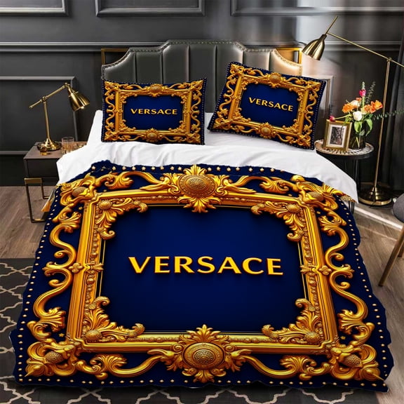 Luxurious 3-Piece Duvet Cover Set - Ornate Gold Frames on Deep Blue Modern Design for Elegant Bedrooms