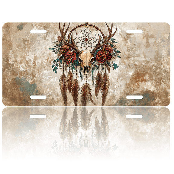 1 Pcs 2D Flat License Plate Covers & Frames, Antler Dreamcatcher License For Decorative Front, Waterproof For Decoration Aluminum License Plate Covers & Frames Cover For Men Women, 12" X 6"