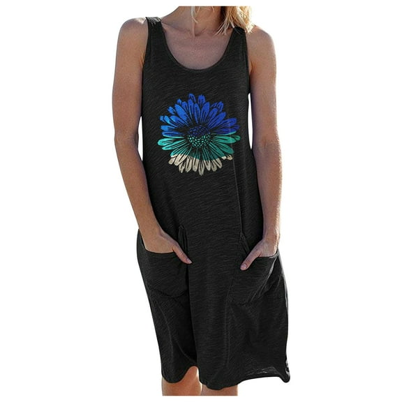IROINNID Women's Sleeveless Shift Dress Round Neckline Casual Chrysanthemum Dress Pocket Dress Prints Dress