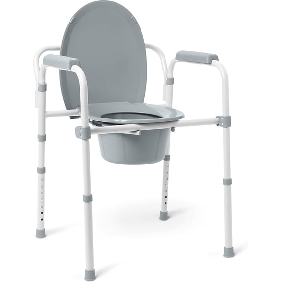 3-in-1 Steel Bedside Commode, Elongated Seat, Sturdy Folding Frame, 7.5 QT. Bucket, 350 lb. Weight Capacity, Clip-on Seat, Easy Cleaning, Tool-Free Assembly, Gray